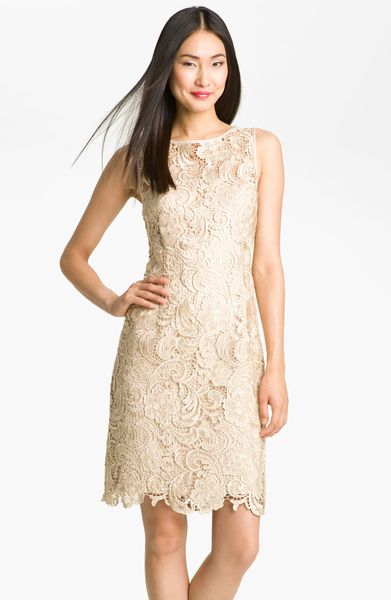 Adrianna Papell Illusion Bodice Lace Sheath Dress in Beige (start of ...