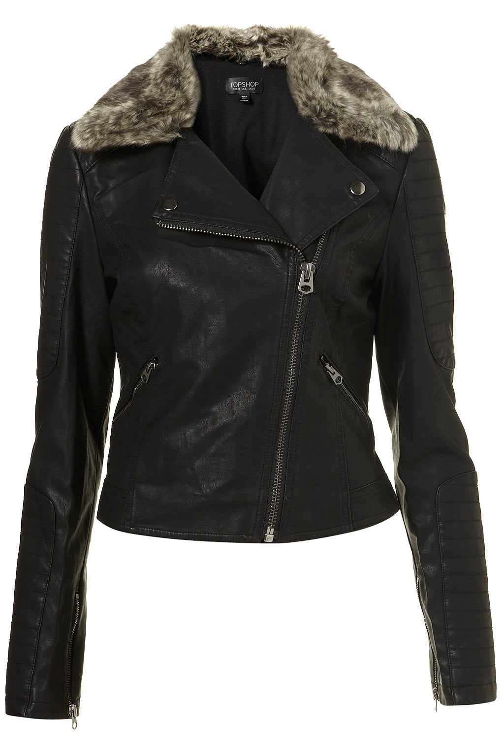 Lyst - Topshop Fur Collar Quilted Biker Jacket in Black