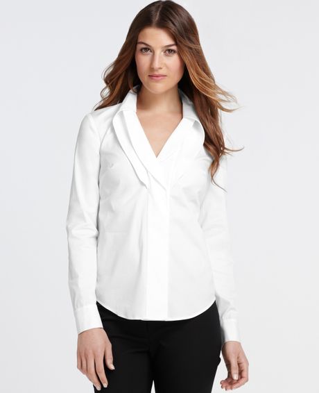 Ann Taylor Petite Pleated Collar Long Sleeve Shirt in White | Lyst