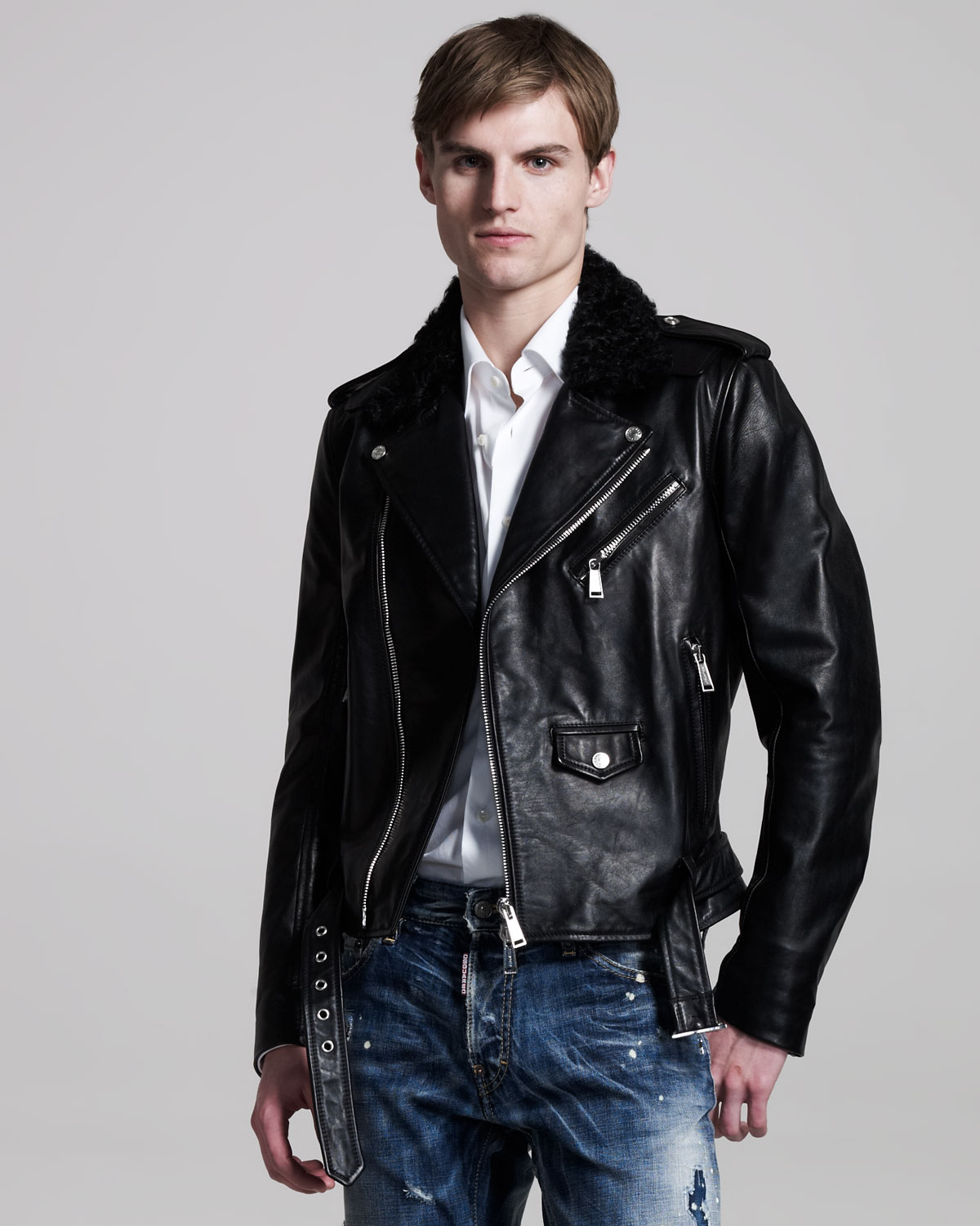 Lyst - Dsquared² Shearling-collar Leather Biker Jacket in Black for Men