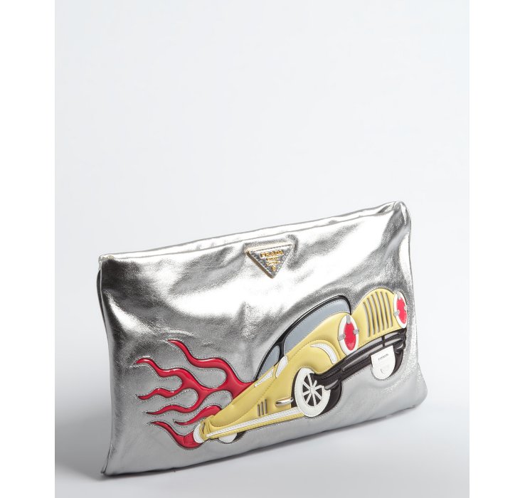 Prada Leather Auto Flame Zip Clutch in Silver | Lyst