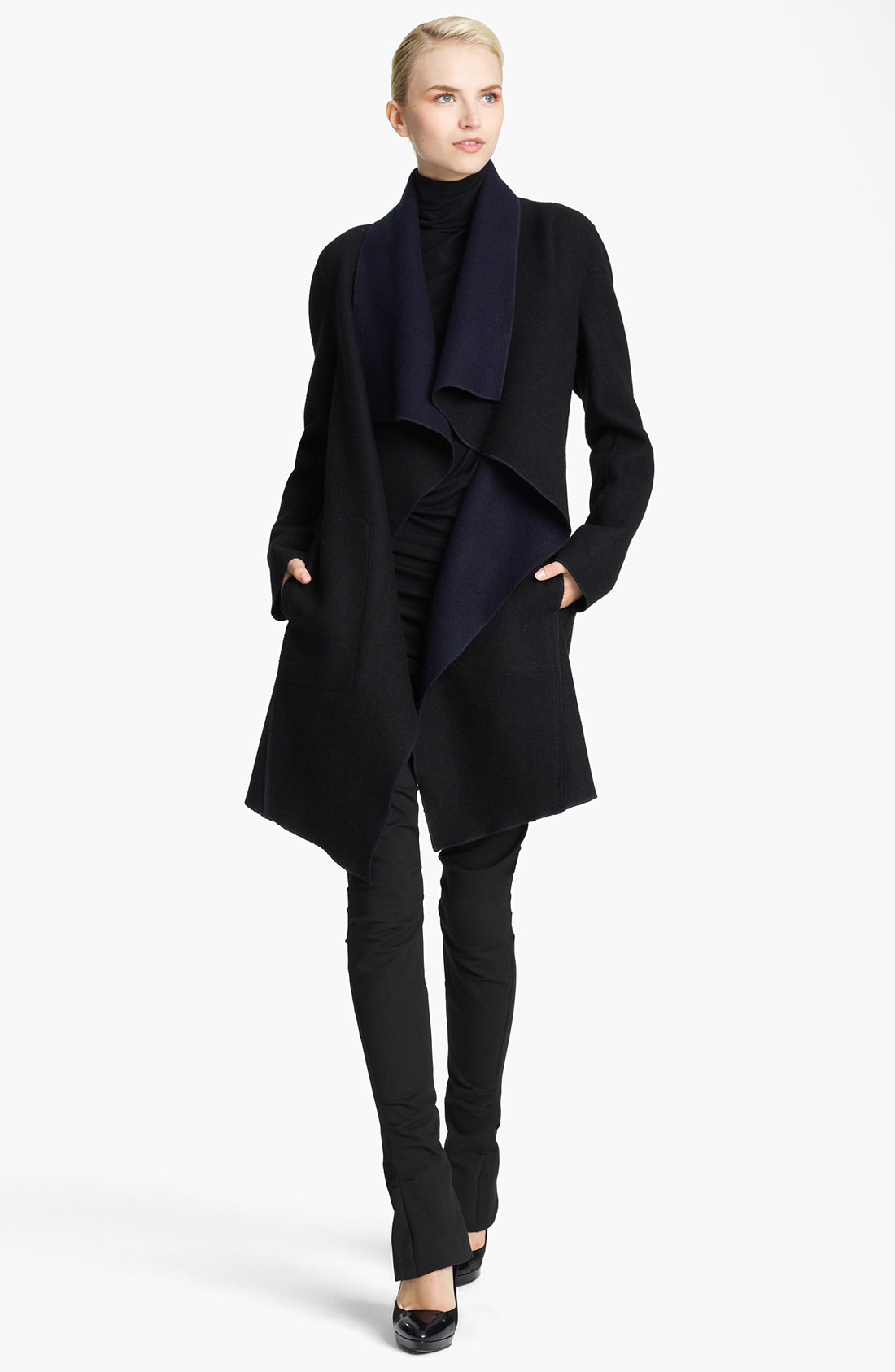 Donna Karan New York Collection Draped Reversible Coat in Black (black ...