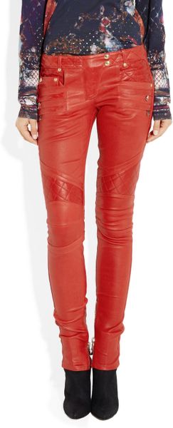 Balmain Quilted Panel Leather Skinny Pants in Red | Lyst