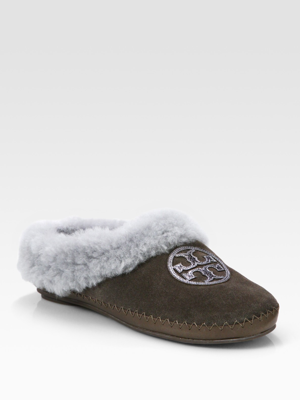 Tory Burch Coley Suede and Shearling Slippers in Brown (grey) | Lyst