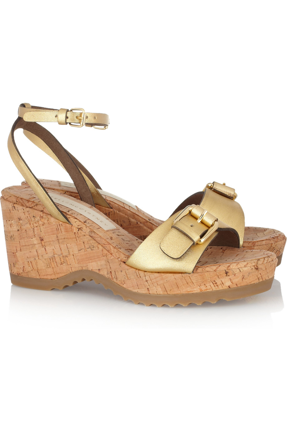Stella Mccartney Metallic Faux Leather and Cork Wedge Sandals in Gold ...