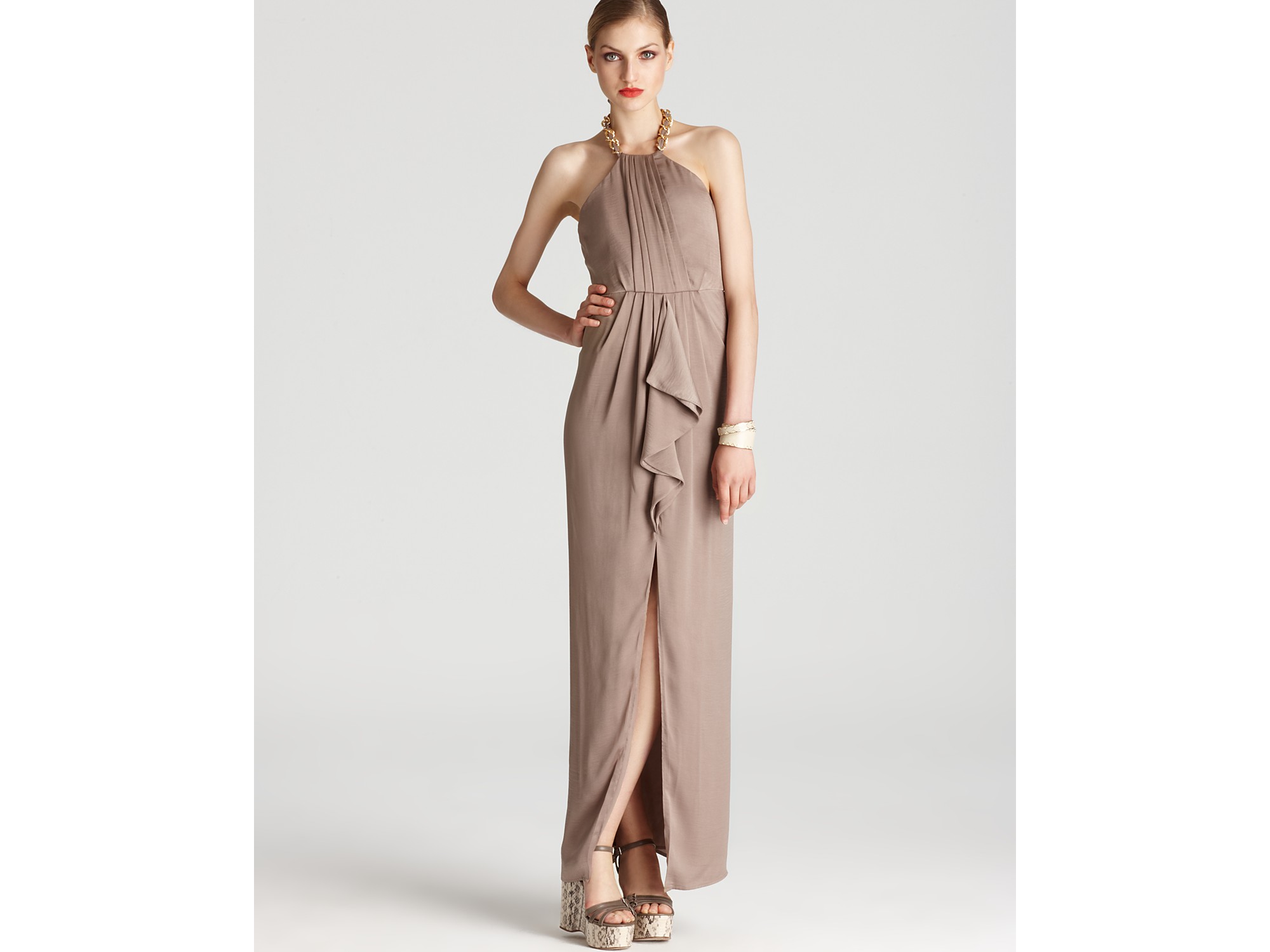 Lyst Bcbgmaxazria Long Dress Halter Chain Link In Natural Gallery