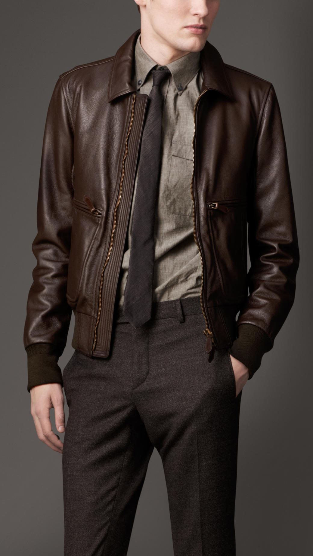 Burberry Leather Bomber Jacket in Brown for Men | Lyst