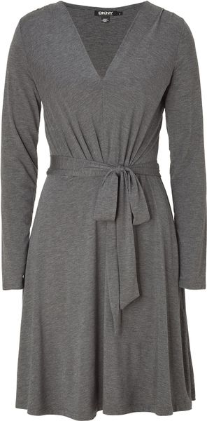 Dkny Flanel Grey Belted Dress in Gray (grey) | Lyst