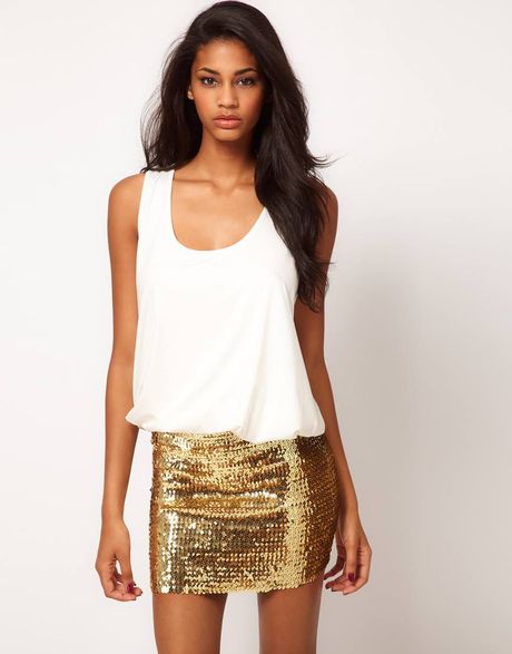 Asos Collection Mini Dress with Sequin Skirt in Gold (creamgold) | Lyst