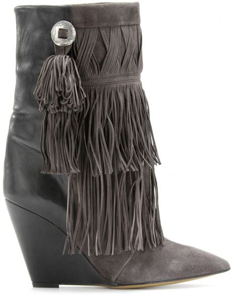 Isabel Marant Jacob Fringed Wedge Boots in Gray (anthracite) | Lyst