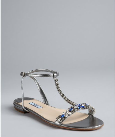 Prada Silver Leather Embellished Tstrap Sandals in Silver | Lyst