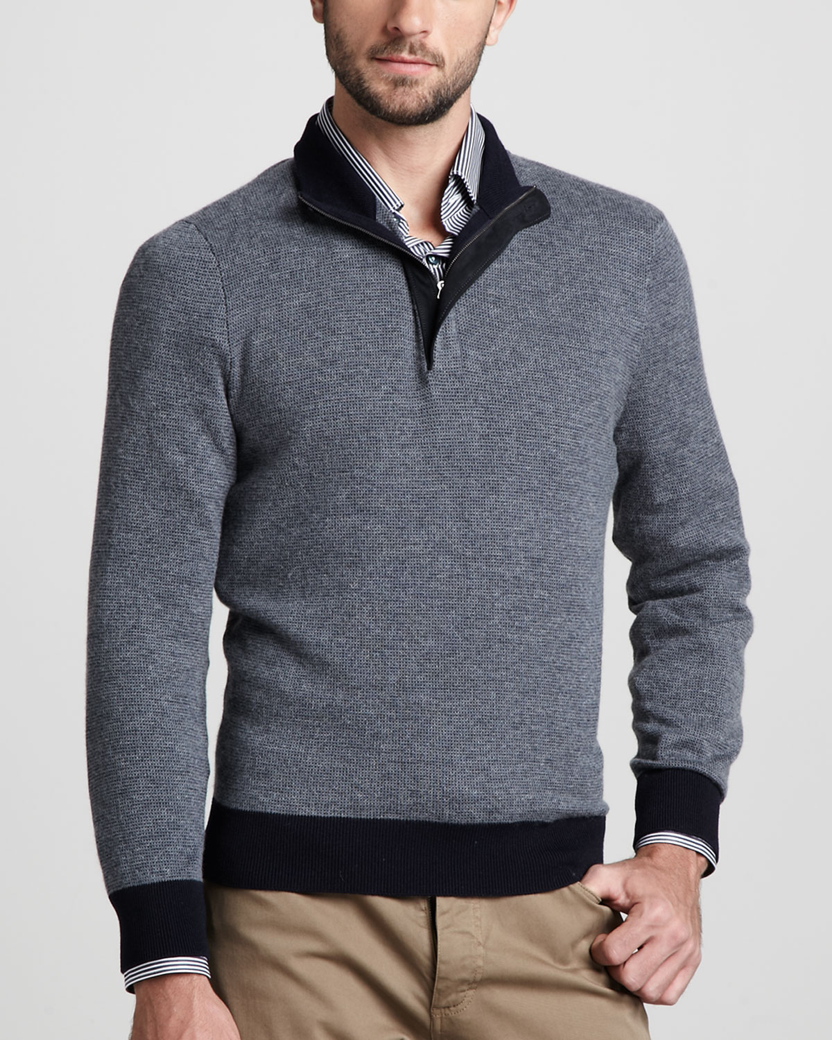 Ermenegildo zegna Quarter-Zip Birds-Eye Sweater in Gray for Men | Lyst