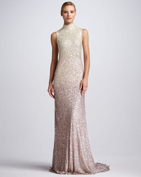 Pamella Roland Sequined Mockneck Gown in (bone ombre) | Lyst