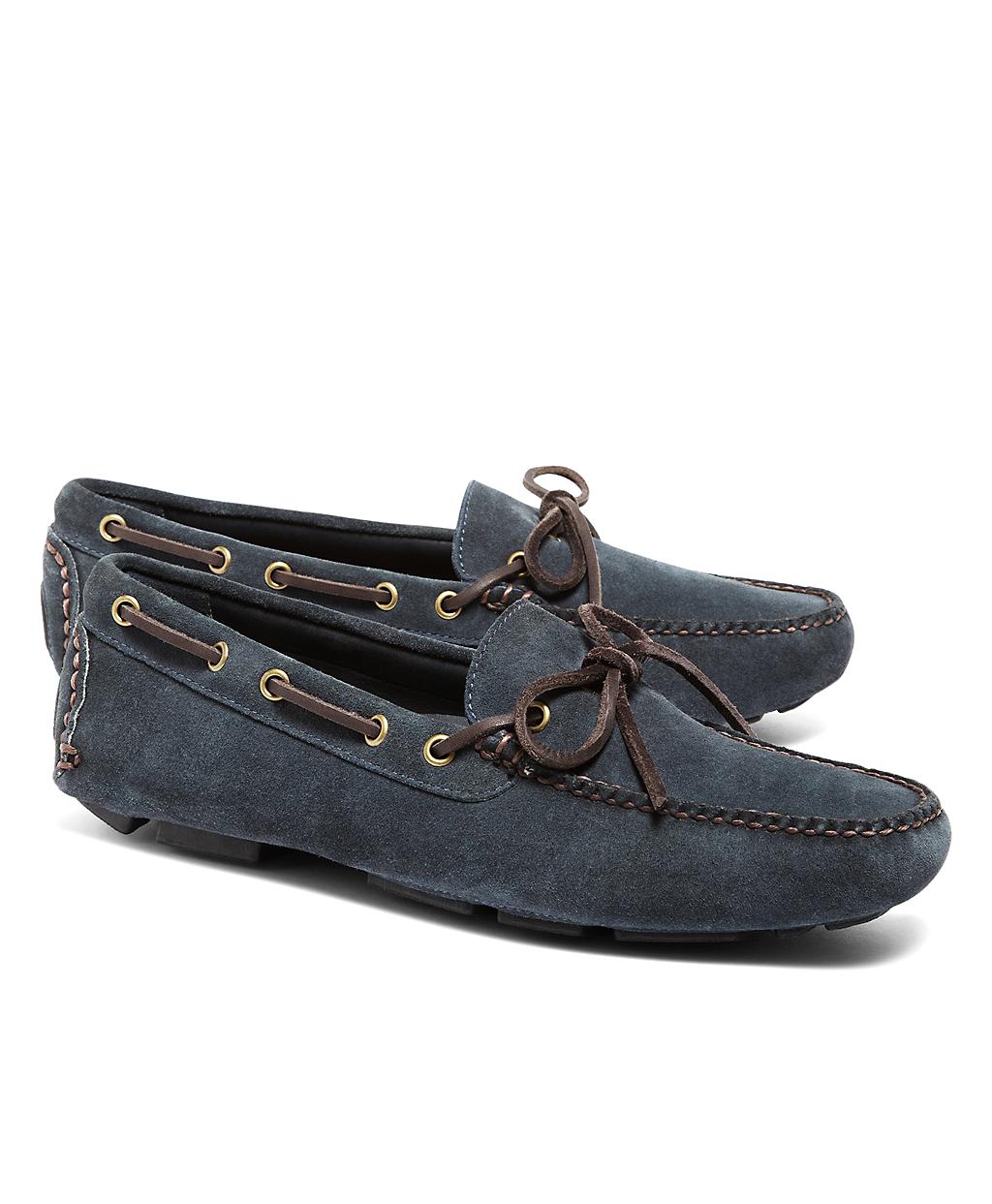 blue suede driving mocs