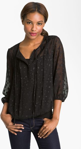 Pleione Swiss Dot Peasant Blouse in Black (black dot) | Lyst