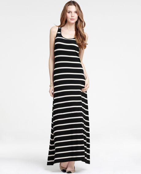 Ann Taylor Asymmetrical Hem Striped Maxi Tank Dress in Black | Lyst