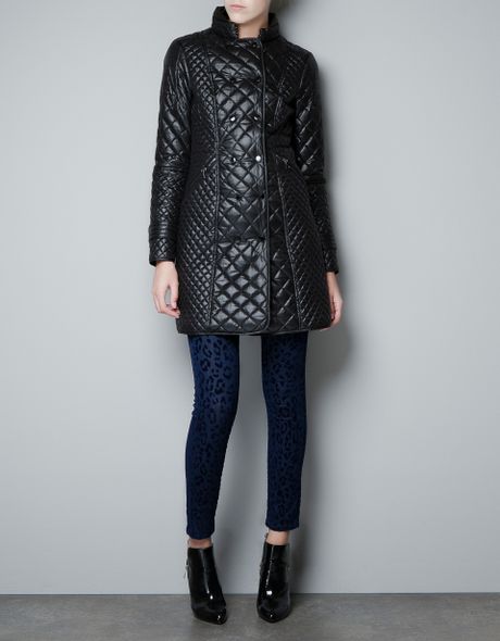 Zara Long Quilted Jacket in Black | Lyst