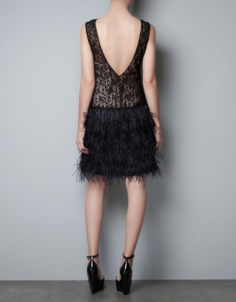 Zara Lace Dress with Feather Skirt in Black (not available) | Lyst