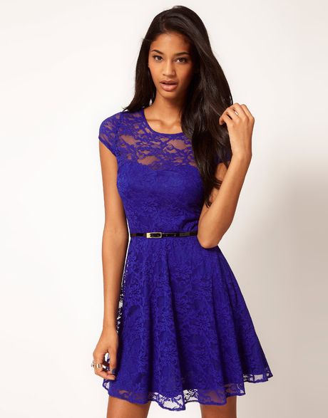 Asos Collection Lace Skater Dress with Belt in Blue (electricblue) | Lyst