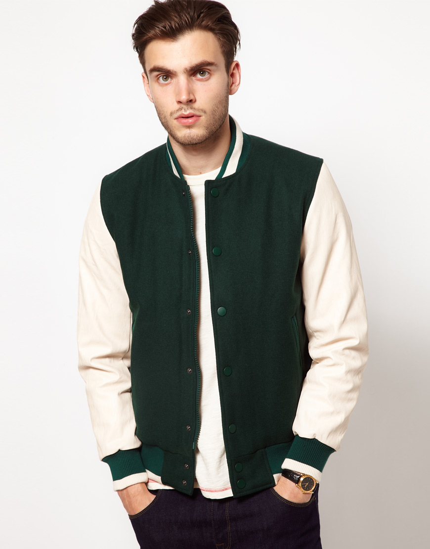 Asos Wool Baseball Jacket with Leather Look Sleeves in Green for ...