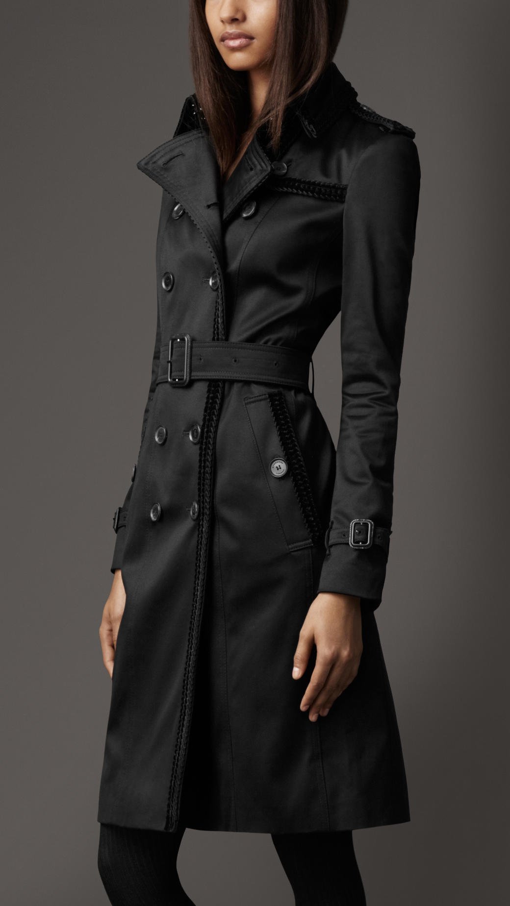 Burberry Long Cotton Blend Trench Coat in Black | Lyst