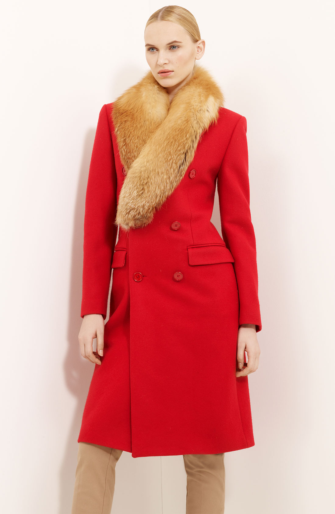 Michael Kors Detachable Fox Fur Collar Coat in Red (crimson) | Lyst