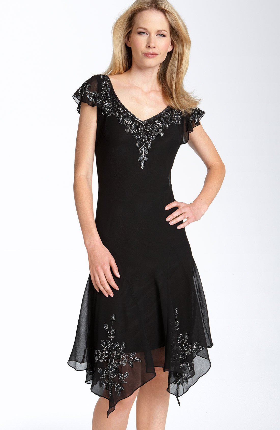 J Kara Beaded Flutter Sleeve Chiffon Dress In Black (black   Mercury 