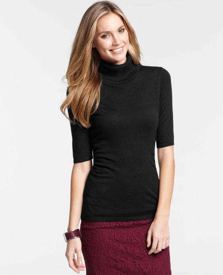 Ann Taylor Petite Ruched Short Sleeve Turtleneck Sweater in Black | Lyst