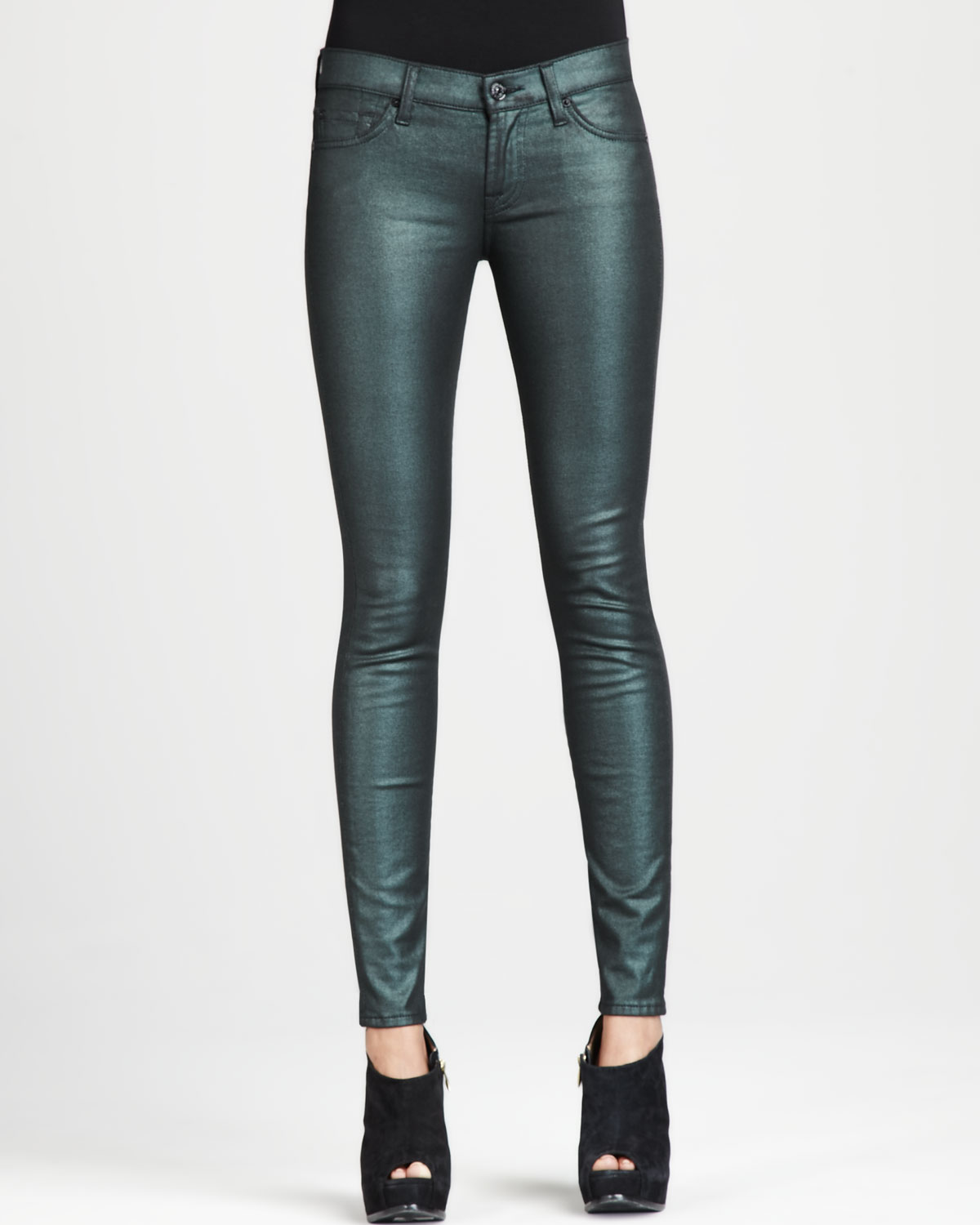 7 for all mankind The Skinny Emerald Liquid Metallic Jeans in Green | Lyst