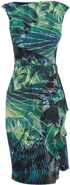 Karen Millen Colourful Feather Print Dress in Green | Lyst