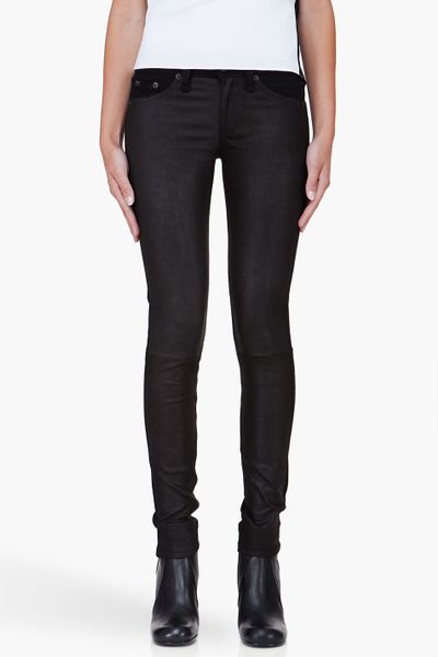 Rag & Bone Skinny Black Leather Trim Jeans in Black | Lyst