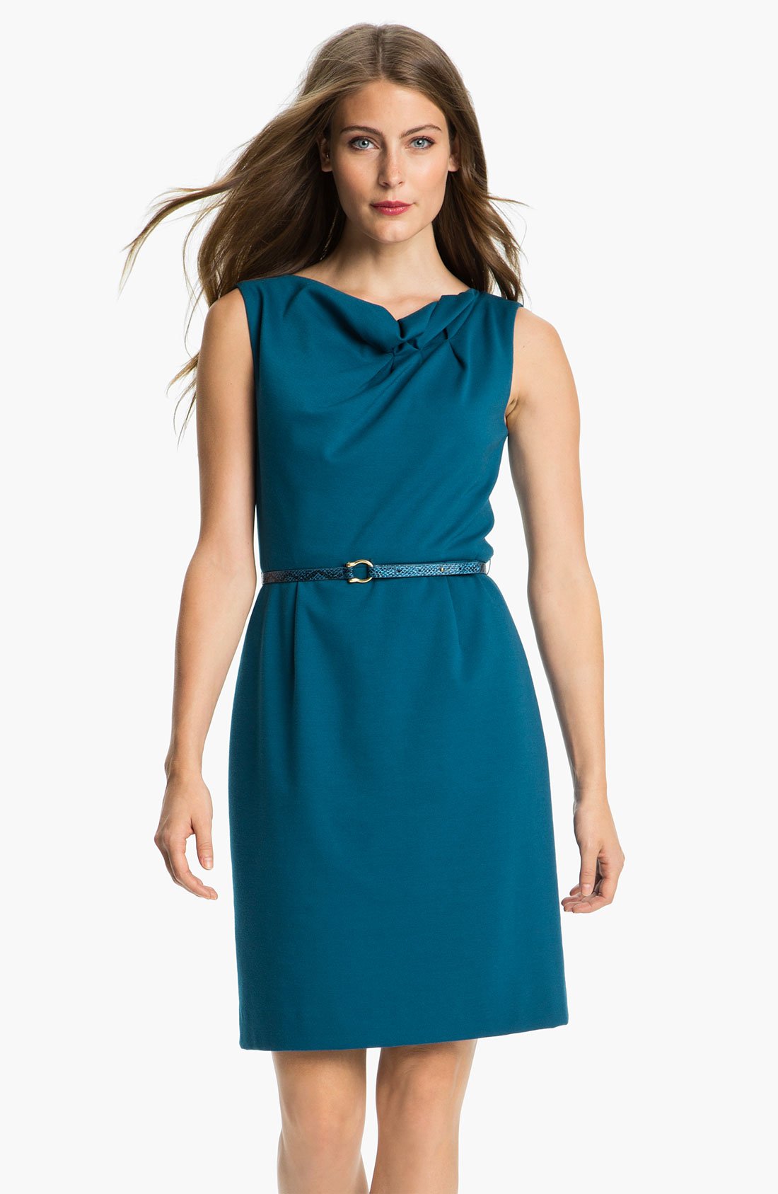 Tahari Gathered Neck Ponte Dress in Blue (blue/ green) | Lyst