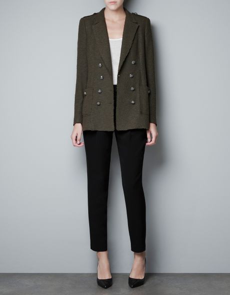 Zara Long Blazer with Pockets and Metallic Buttons in Green (khaki) | Lyst