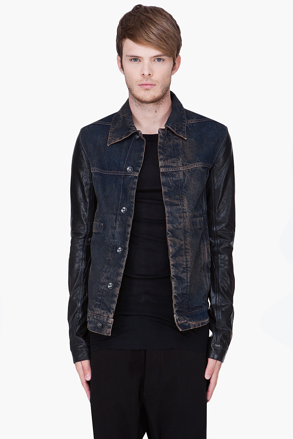 Lyst - Drkshdw By Rick Owens Dark Blue Leather Sleeve Denim Jacket in ...