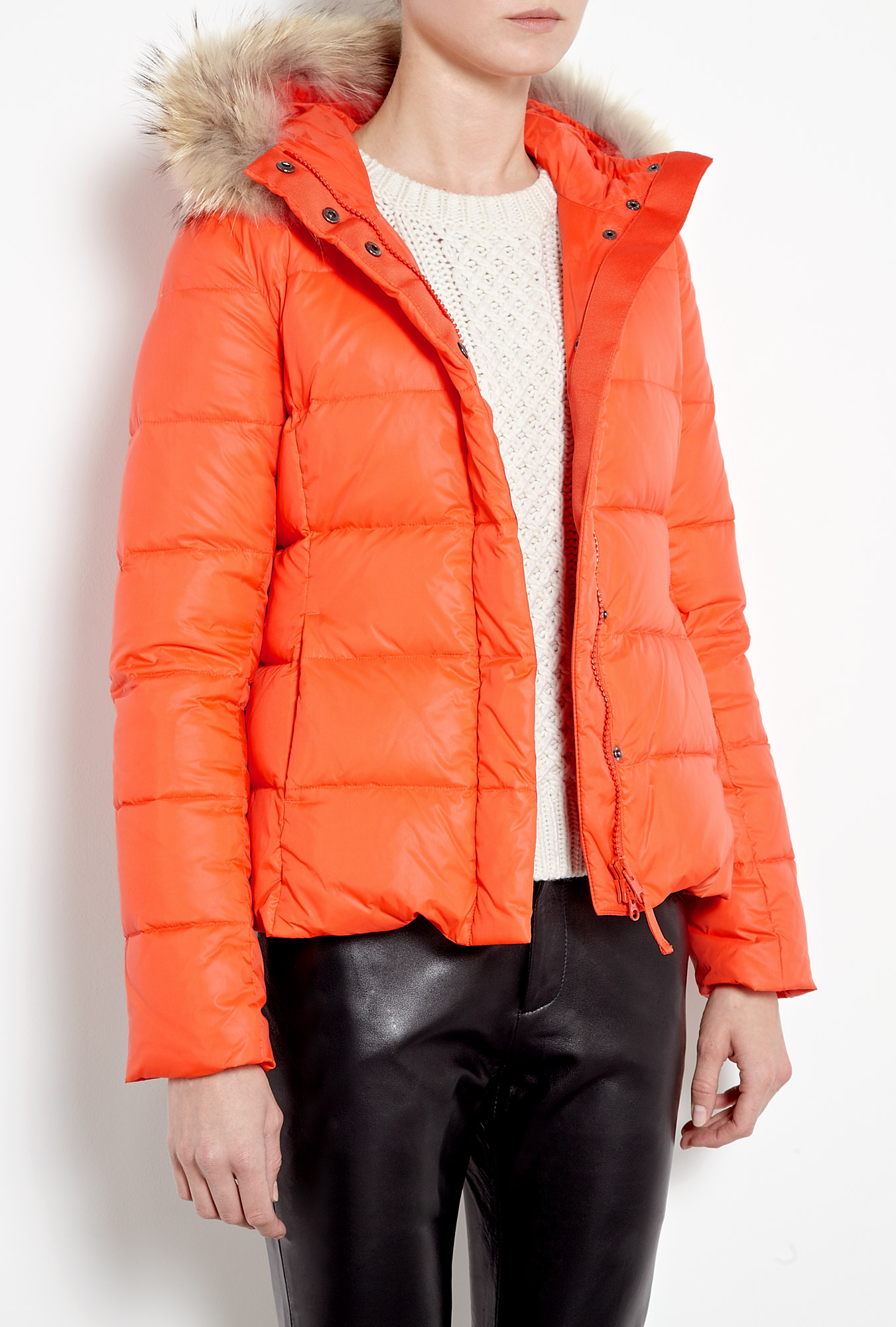 Joseph Kelly Fur Trim Short Puffer Coat in Orange | Lyst