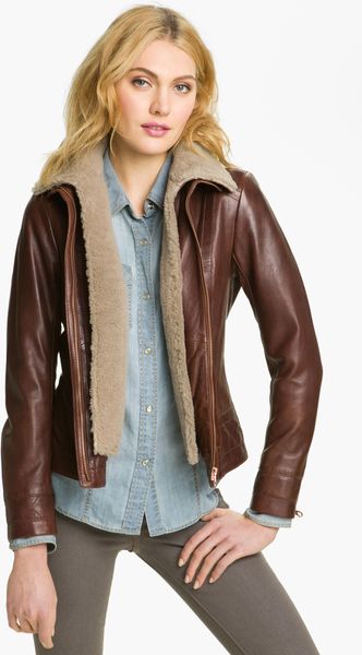 Ted Baker Leather Jacket with Genuine Shearling Collar in Brown | Lyst