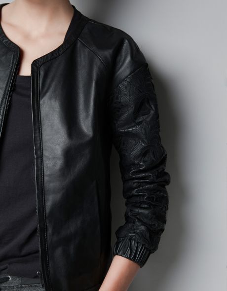 Zara Leather Jacket with Embroidered Sleeves in Black (not available ...