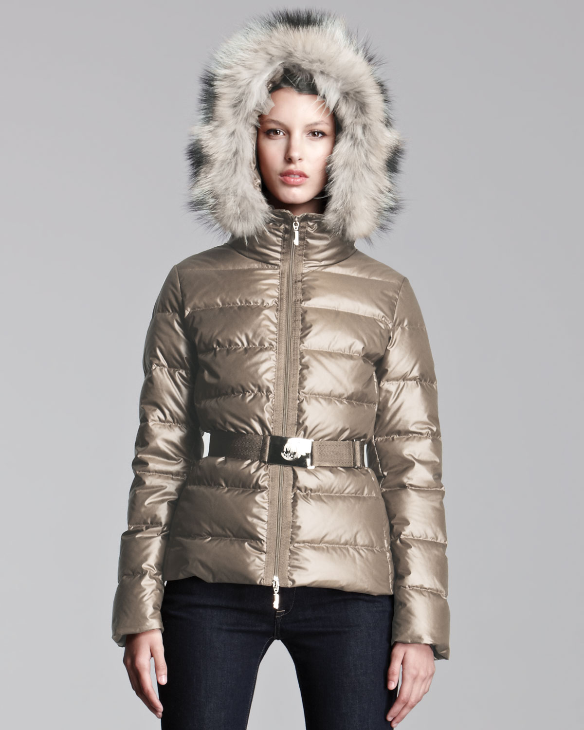Lyst - Moncler Furhooded Metallic Belted Puffer Jacket in Gray