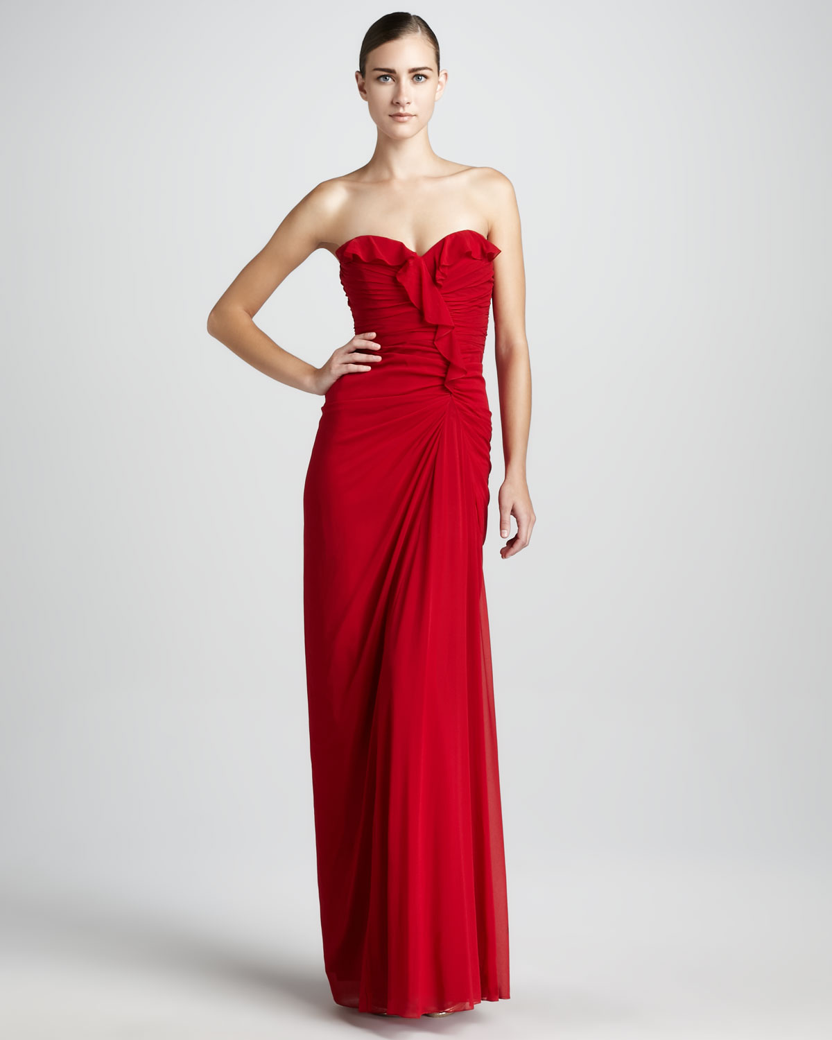 Lyst - Badgley mischka Strapless Ruffled Gown in Red