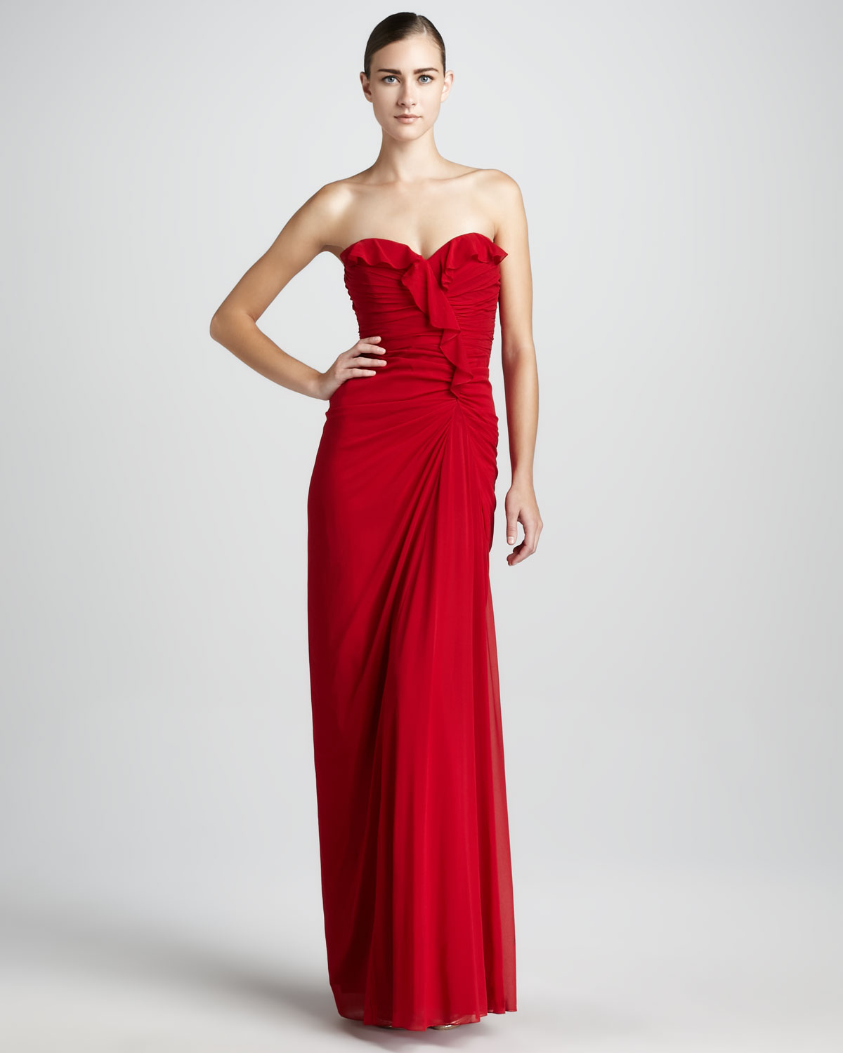 Lyst Badgley Mischka Strapless Ruffled Gown In Red 