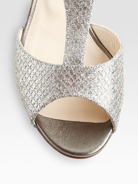 Jimmy Choo Treat Glitter Tstrap Wedge Sandals in Silver (champagne) | Lyst