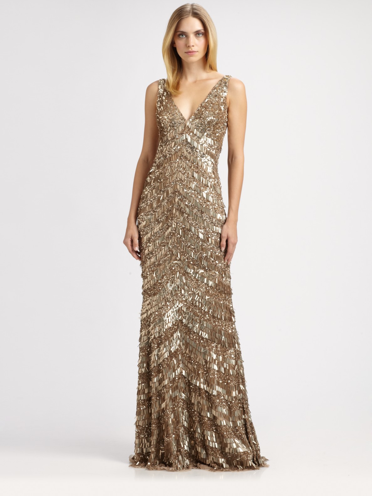 Lyst - Theia Art Deco Fringed Gown in Metallic