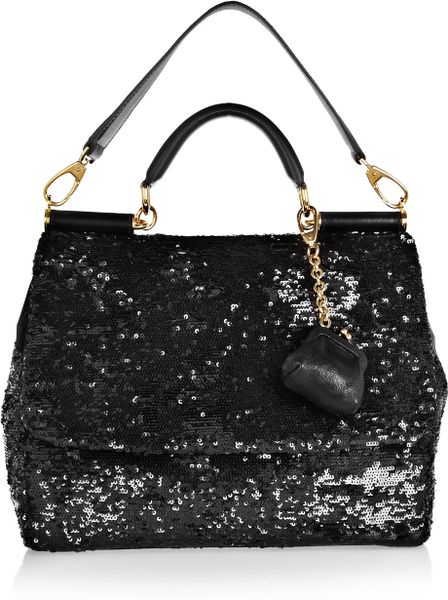 Dolce & Gabbana Miss Sicily Sequined Leather Shoulder Bag in Black | Lyst