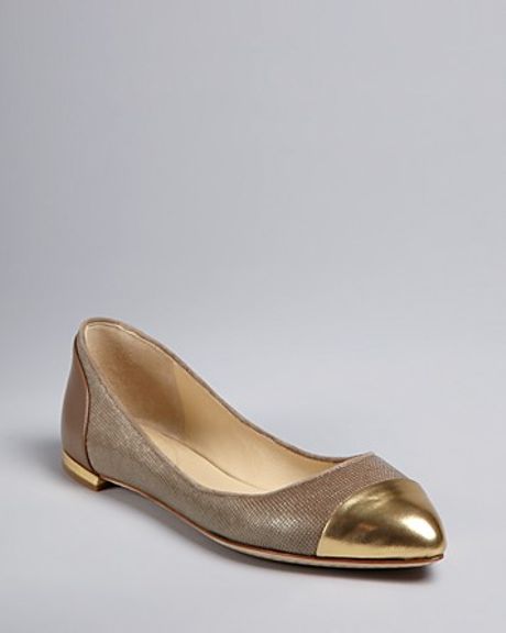 B Brian Atwood Pointed Toe Cap Toe Ballet Flats Avignon in Gold (taupe ...