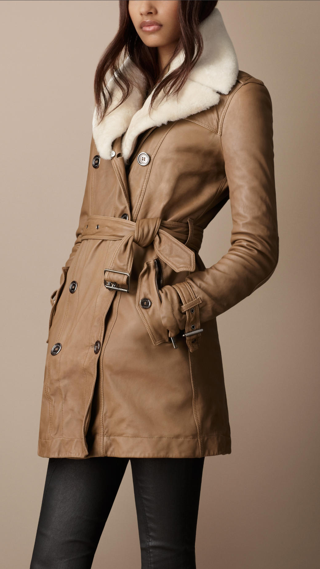 Lyst - Burberry brit Midlength Shearling Collar Leather Trench Coat in ...