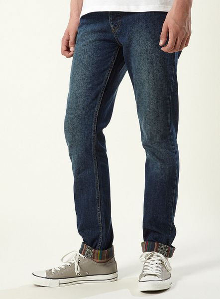 Topman Mid Wash Pattern Turn Up Skinny Jeans in Blue for Men | Lyst