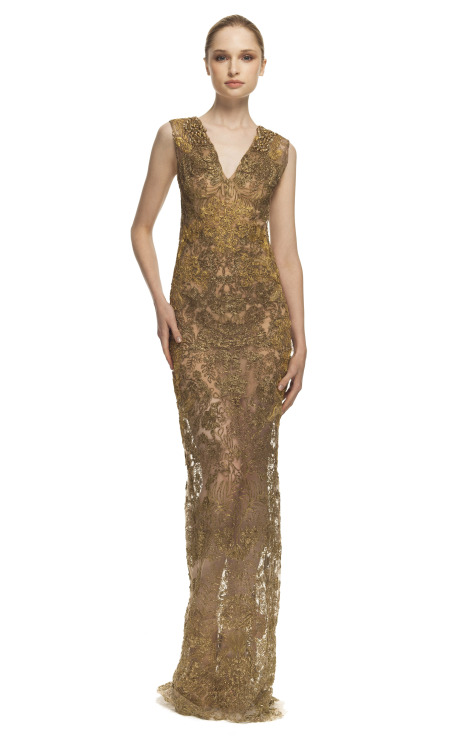 Vera Wang Ss Embroidered Lace Gown in Gold | Lyst