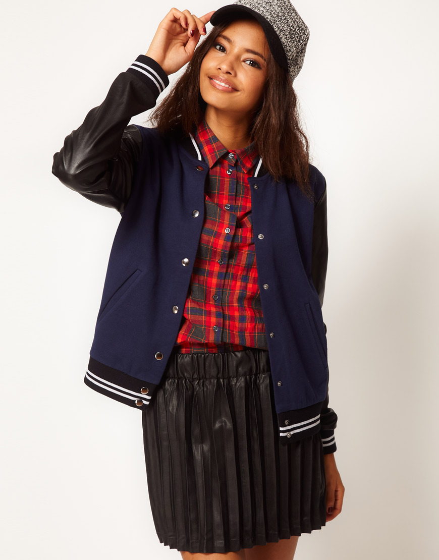 Lyst - Asos Bomber with Stripe Rib Pu Sleeve in Blue