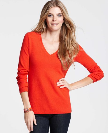 Ann Taylor Cashmere Vneck Sweater in Orange (persimmon blush) | Lyst