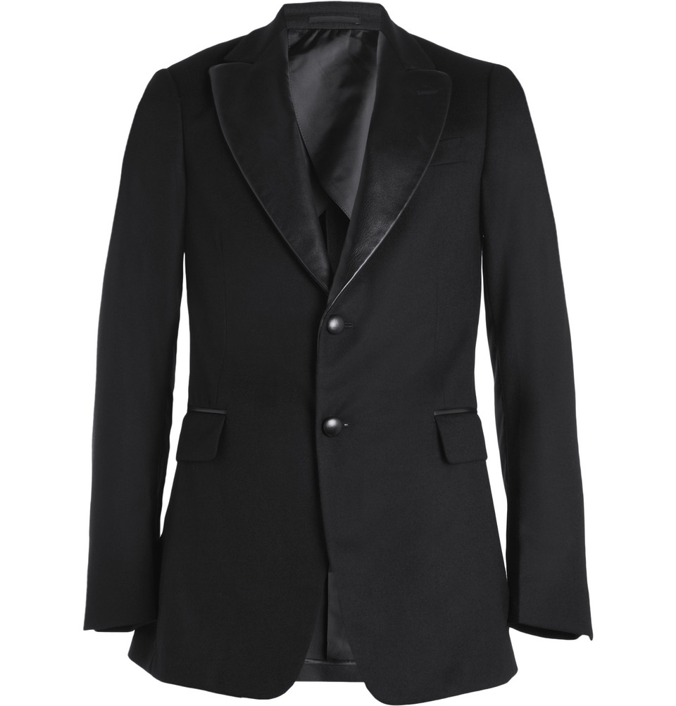 Saint Laurent Slimfit Leather Trimmed Wool Blazer in Black for Men | Lyst